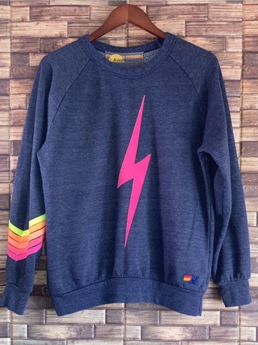 Aviator Nation Navy Sweatshirt with Hot Pink Lightning Bolt